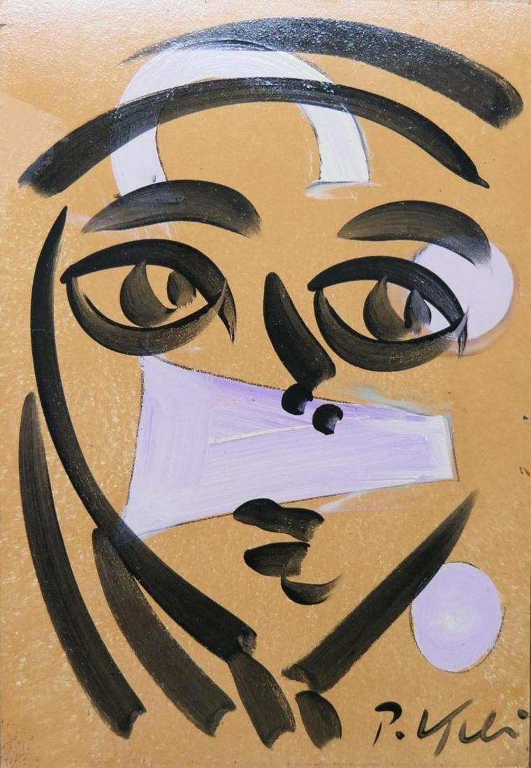 PETER KEIL (GERMAN b1942) "FACE" OIL ON MASONITE: Peter Robert Keil (GERMAN / UNITED STATES, born 1942) oil painting on masonite board depicting a face. Signed to lower right. Unframed. Measures approx. 24" height x 16" width (61cm x 40.6cm).