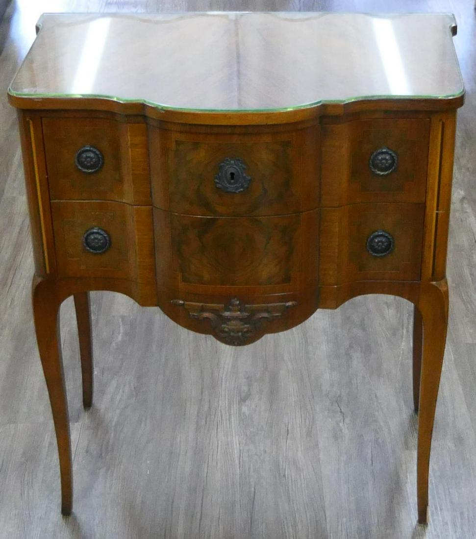 RALPH WIDDICOMBE DESIGNED TWO DRAWER CHEST: Designed by Ralph Hewitt Widdicombe (1873 - 1959) for John Widdicomb Company, Grand Rapids, Michigan, a lovely carved wooden two drawer chest with fitted glass top. Measures approx. 31 1/2" height x 2