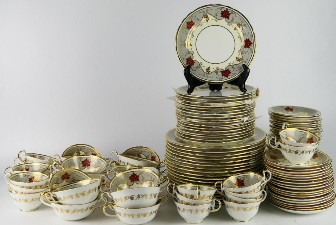 AYNSLEY ANTIQUE GORGEOUS SERVICE 18 GREY & GOLD: This is one of the nicest sets we have ever sold, 1930's Aynsley, grey and gold with floral design. # 7967, with registration number 754522.. This set consists of 18 dinner plates each 10 1/2", 18 sal