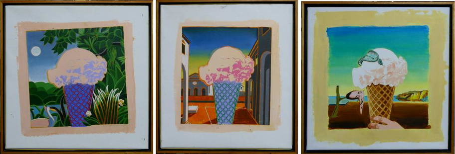 PAUL GIOVANOPOULOS (USA b1939) ICE CREAM TRIPTYCH: Paul A. Giovanopoulos (AMERICAN / NEW YORK, born 1939) suite of three oil paintings on canvas having a surrealist design with Ice Cream Cones. Each mounted in low profile wooden frame. Measures