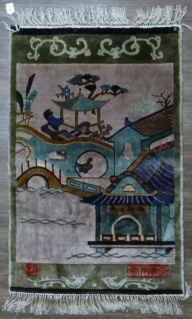 FABULOUS CHINEESE HAND MADE SILK CARPET SIGNED (1 of 7)