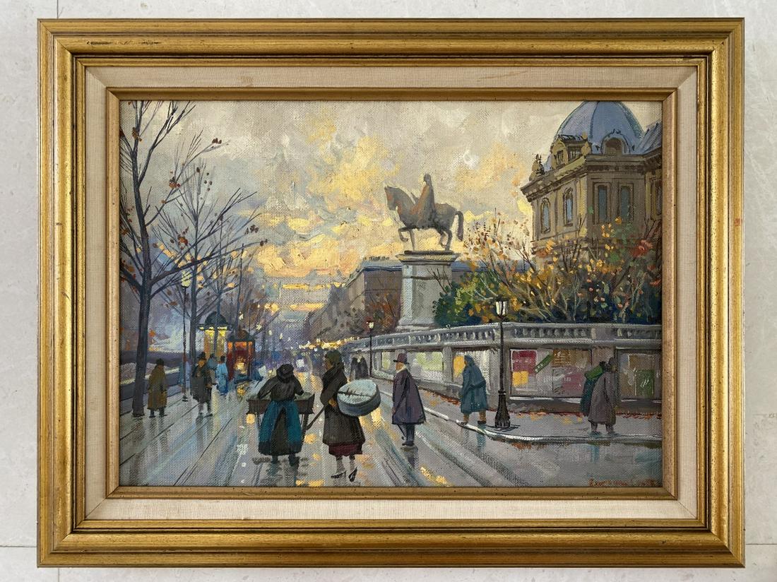 AFTER EDOUARD CORTES (FRENCH 1882-1969) OIL/CANVAS: After Edouard Leon Cortes (FRENCH, 1882 - 1969) French Impressionist street scene oil painting on canvas. Signed to lower right. Mounted in a gold painted wooden frame. Canvas on stretcher measures ap