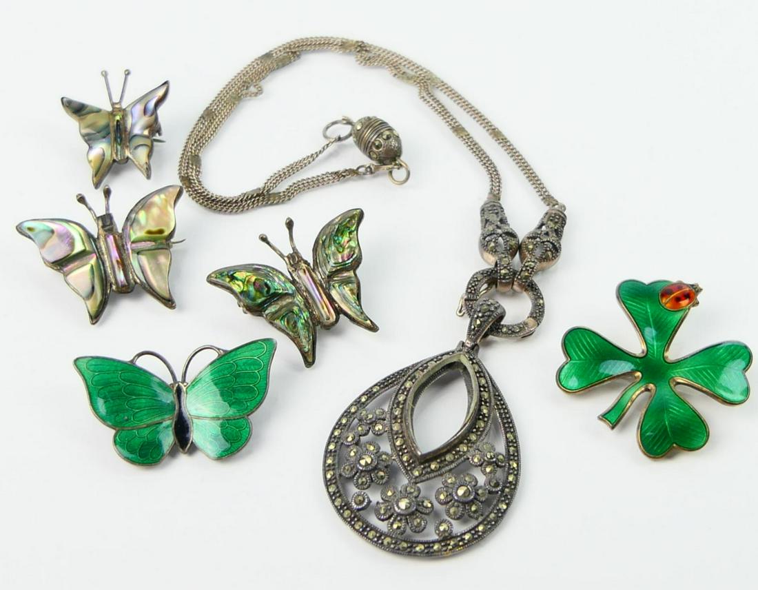 COLLECTION VINTAGE STERLING ENAMEL PINS& NECKLACE: David Anderson, taxco and others, 4 butterfly pins, one clover with lady bug, and necklace with Marcasite, total weight 44 grams