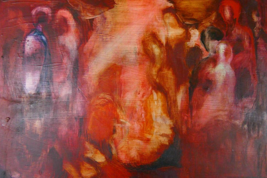 H. SCHINE RUDDER OIL PAINTING ON MASONITE BOARD: Oil painting on masonite board having an abstract design with figures. Signed H. Schine Rudder to verso and dated 1965. Measures approx. 18 1/2" height x 22 1/2" width overall with frame.