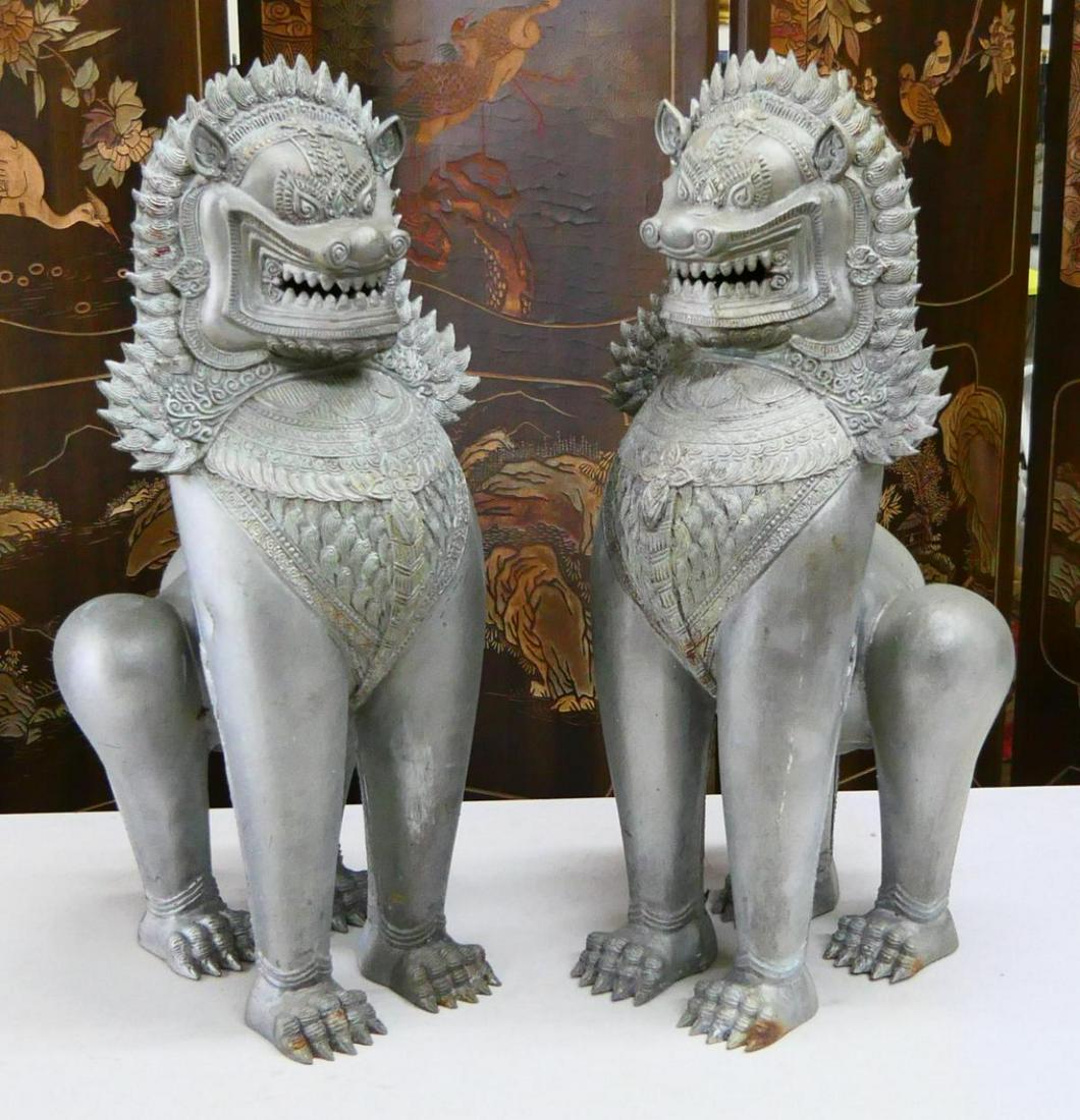 Pr OF SILVERED BRONZE CHINESE FOO LION SCULPTURES (1 of 4)