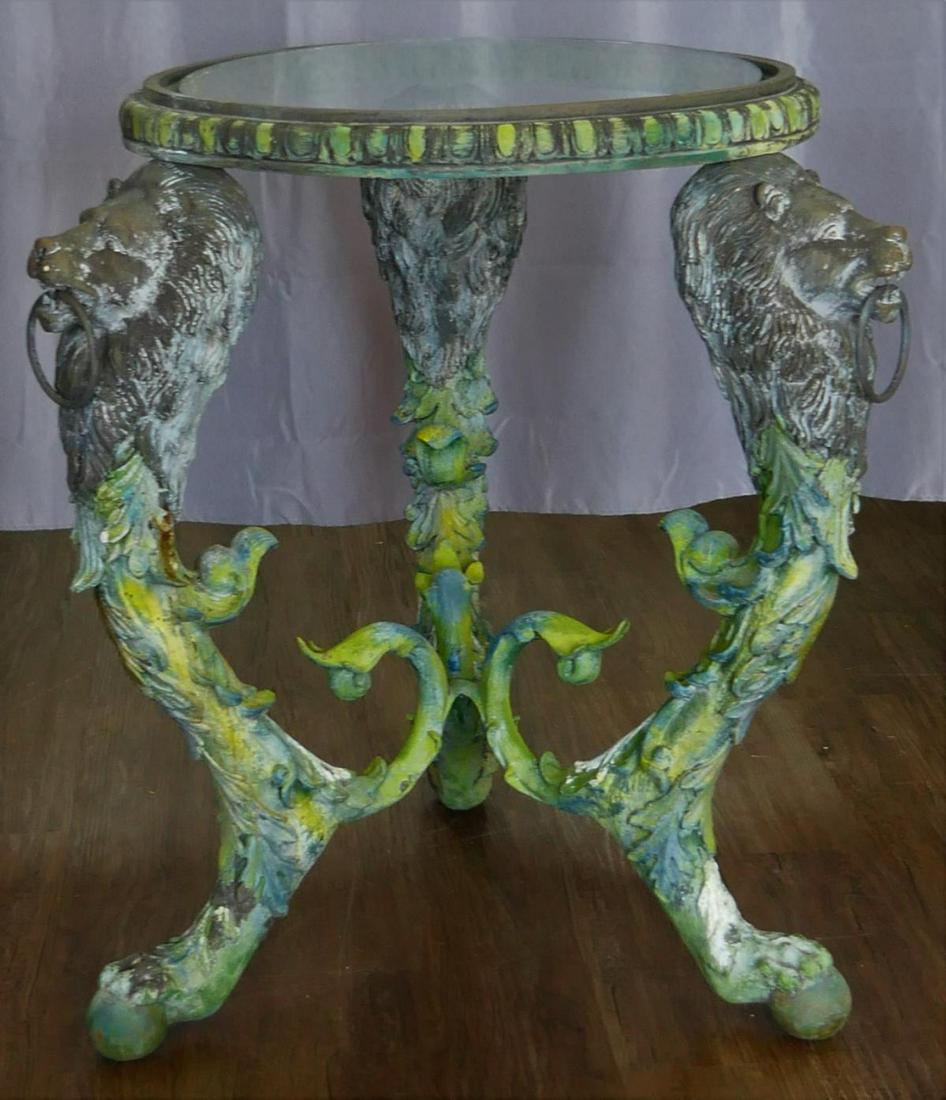POLYCHROME BRONZE LION HEAD GLASS TOP ROUND TABLE (1 of 5)