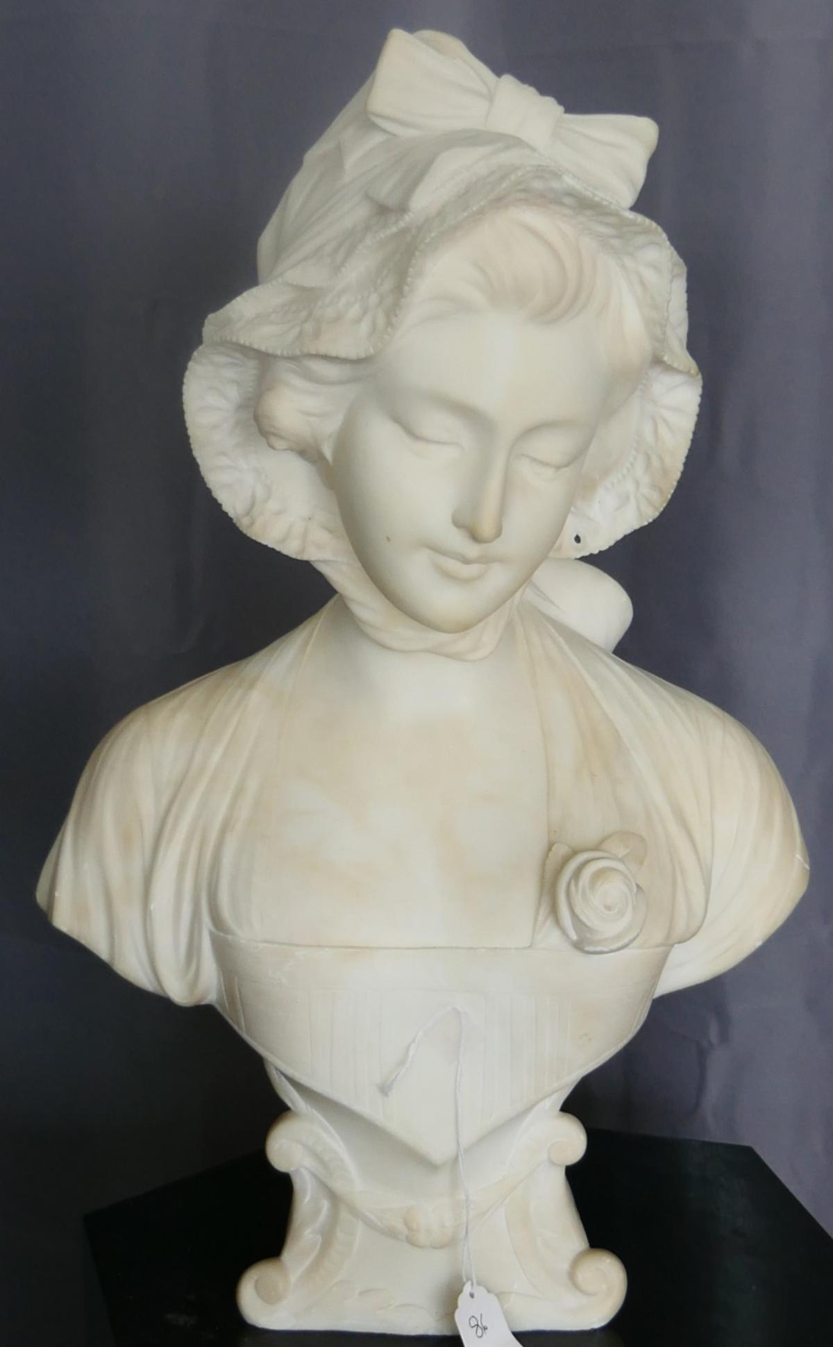 LG. CARVED VICTORIAN ALABASTER BUST LADY W/BONNET (1 of 6)