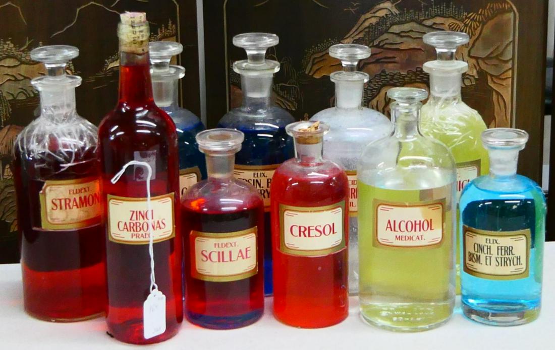 LOT (10) ANTIQUE APOTHECARY ROUND BOTTLES STOPPERS (1 of 1)