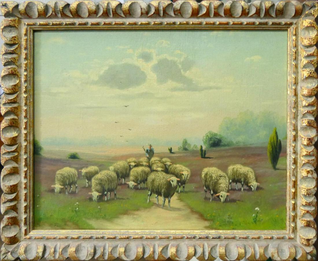 ANTIQUE O/C OF SHEEP AND HERDER MYSTERY ARTIST: Measures 16" X 12 1/2" original frame. Looks to be turn of the last century, unsigned possibly Scottish