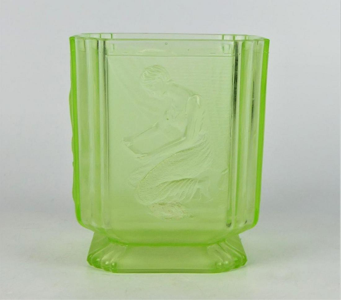 ART DECO CZECH VASOLINE GLASS FOOTED VESSEL: Stands 6" tall, circa 1930's enriched with uranium ore, features a woman reading