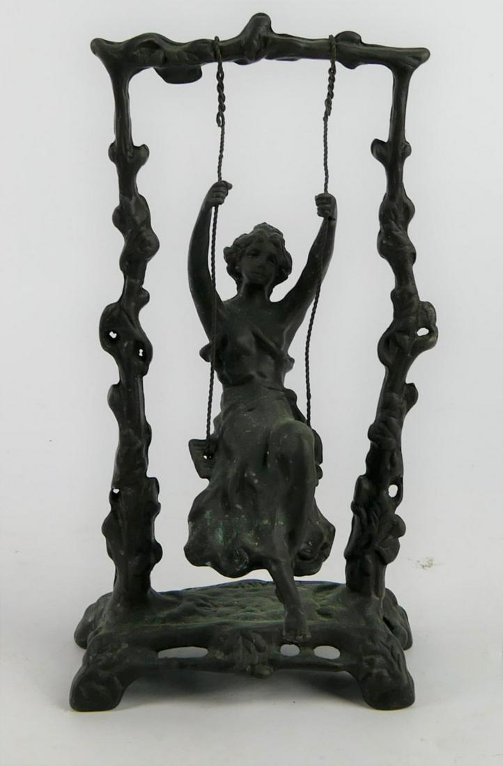 AFTER MOREAU GIRL ON SWING SIGNED TIFFANY: Art Nouveau spelter 9" height Sculpture after Auguste Moreau titled 'Girl on Swing'