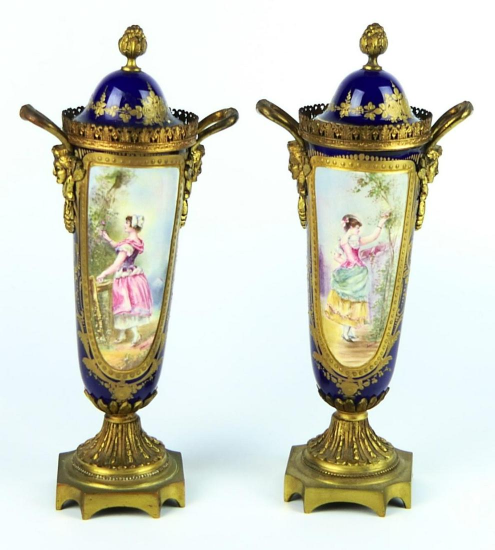 PAIR OF ANTIQUE SEVRES LIDDED HAND PAINTED VASES (1 of 7)