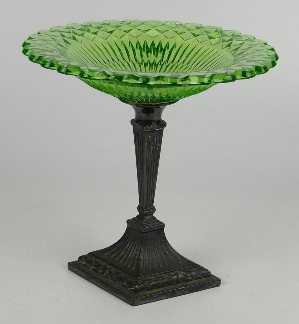 ORIGINAL MARKED PAIRPOINT COMPOTE: Marked Pairpoint Compote - 6.75" X 6.75" - Solid Green Bowl Mounted on Silverplate Stand