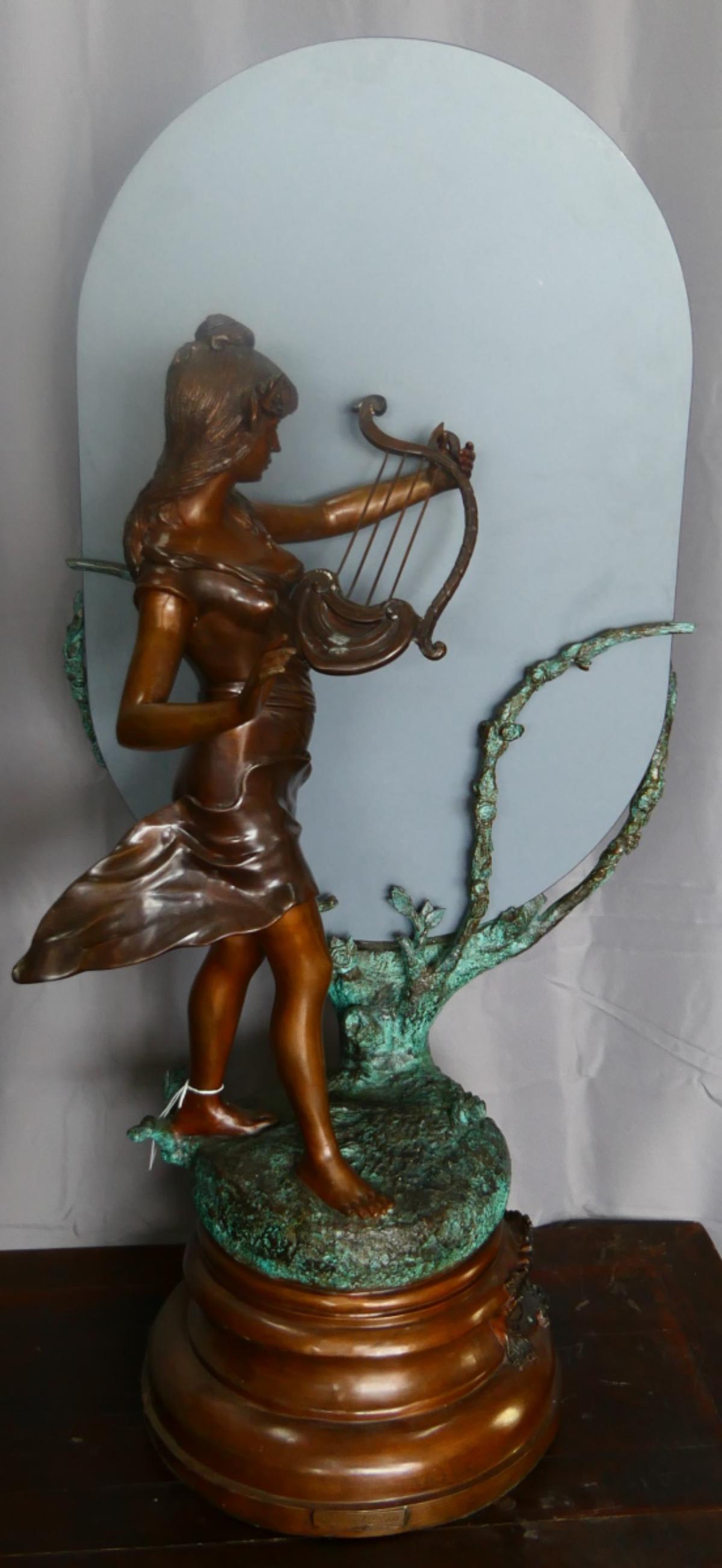 LG. L.ROSSI BRONZE OF WOMAN WITH HARP & MIRROR: Great patina, gogeous large heavy bronze stands 40" tall, plus 9" bronze base. After Leonardo Rossi , The estate paid $4800 for this bronze in the 90's