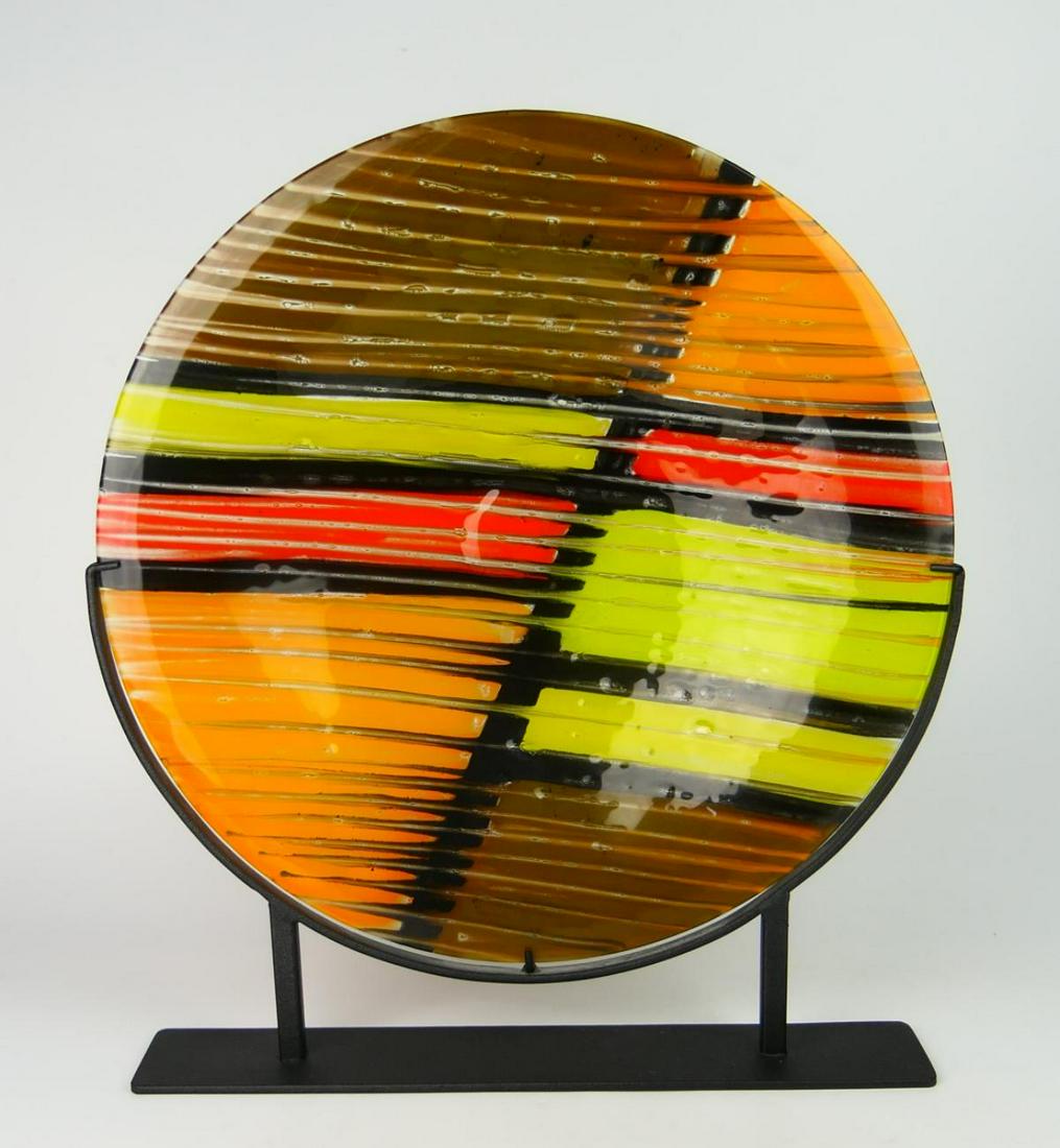 LARGE MULTI COLORED ART GLASS CHARGER IN IRON BASE (1 of 8)