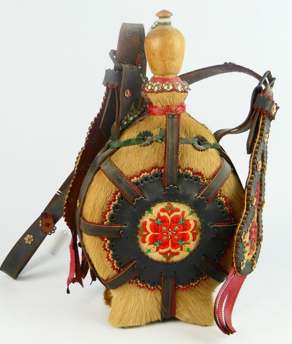 VINTAGE NATIVE AMERICAN DEER HIDE CANTEEN: South western U.S. Possibly ZUNI, measures 15" tall, and 8" wide, with all original leather trim