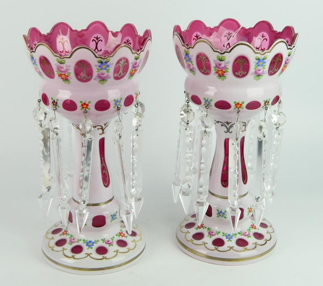 BOHEMIAN CZECH REPUBLIC CHERRY MANTLE LUSTERS: Measures - 13.5" h. Missing one shard.