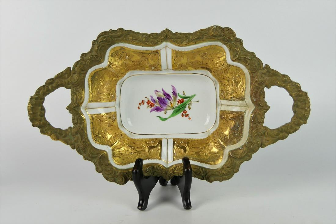 MEISSEN GERMAN ORNATE 14" PORCELAIN HANDLES DISH: MEISSEN ORNATE 14" PORCELAIN HANDLES DISH