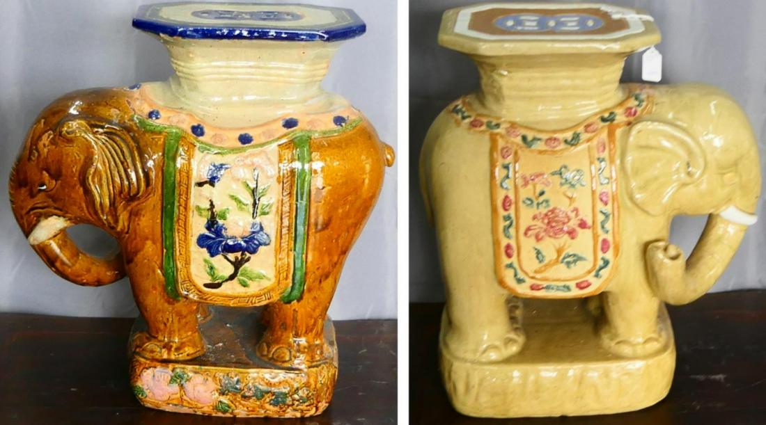 PAIR OF ANTIQUE CHINESE ELEPHANT GARDEN SEATS: Early Republic. The brown is larger by a quarter inch. Both measure - 23" tall x 23" long.