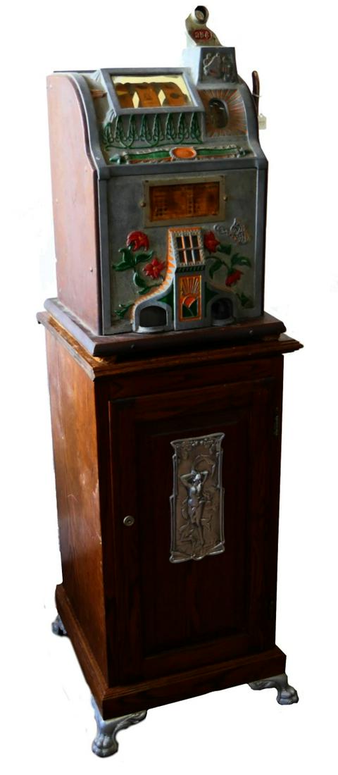 MILLS 25 CENT SLOT MACHINE ON WOODEN CABINET (1 of 8)