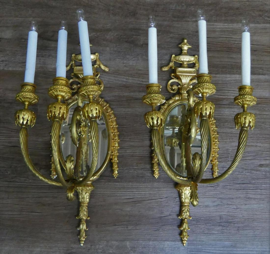 PR OF 3 ARMED MIRRORED DORE BRONZE  WALL SCONES (1 of 4)