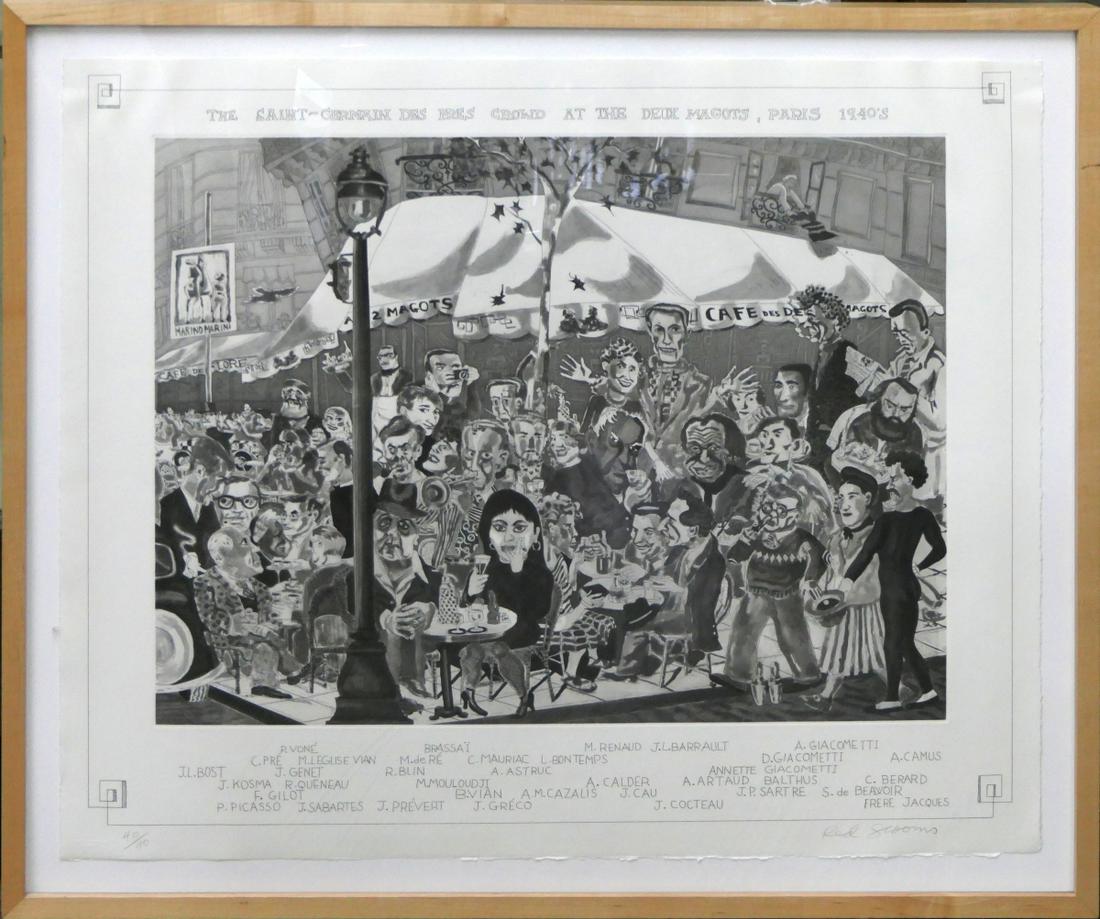 RED GROOMS CROWDED FRENCH CAFE SCENE LITHOGRAPH (1 of 5)