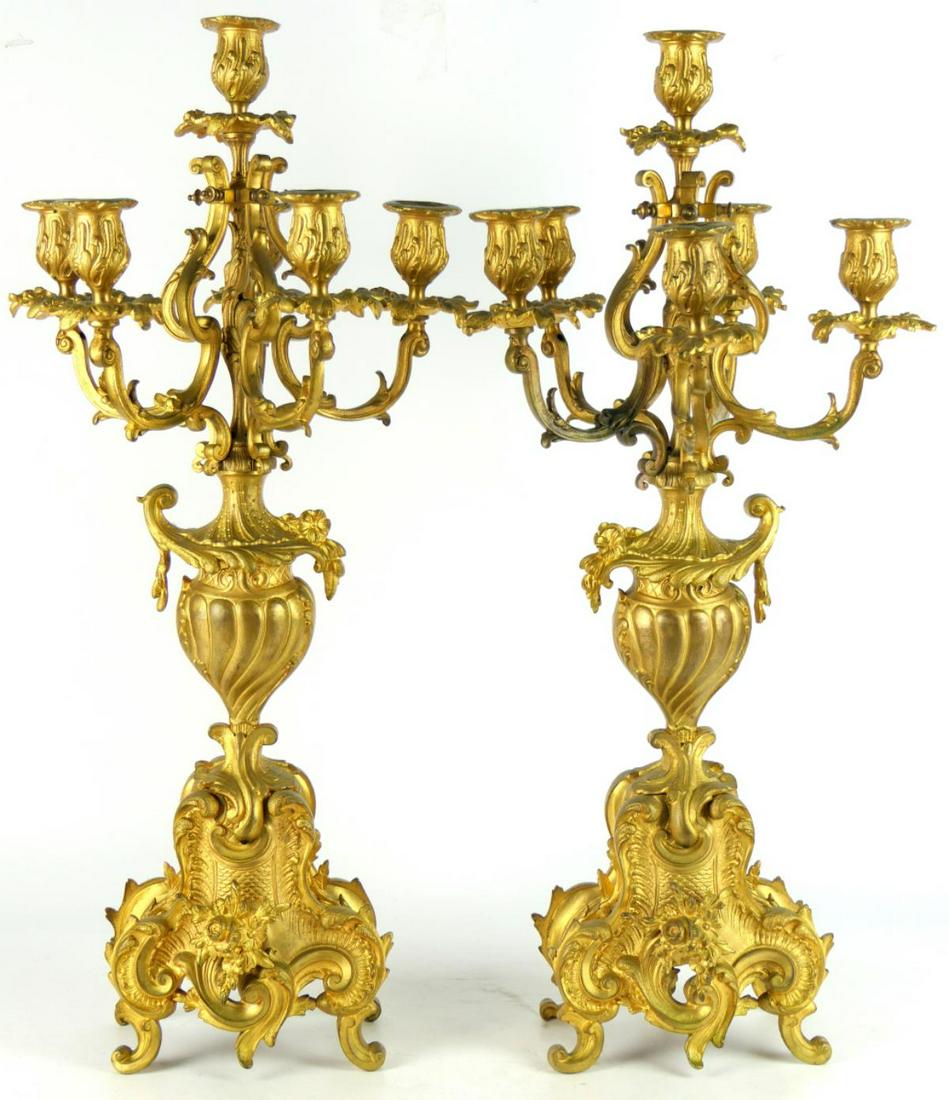 PAIR FRENCH ROCOCO BRONZE 26" TALL CANDLEABRAS: PAIR ROCOCO BRONZE 26" TALL X 11" WIDE CANDLEABRAS.