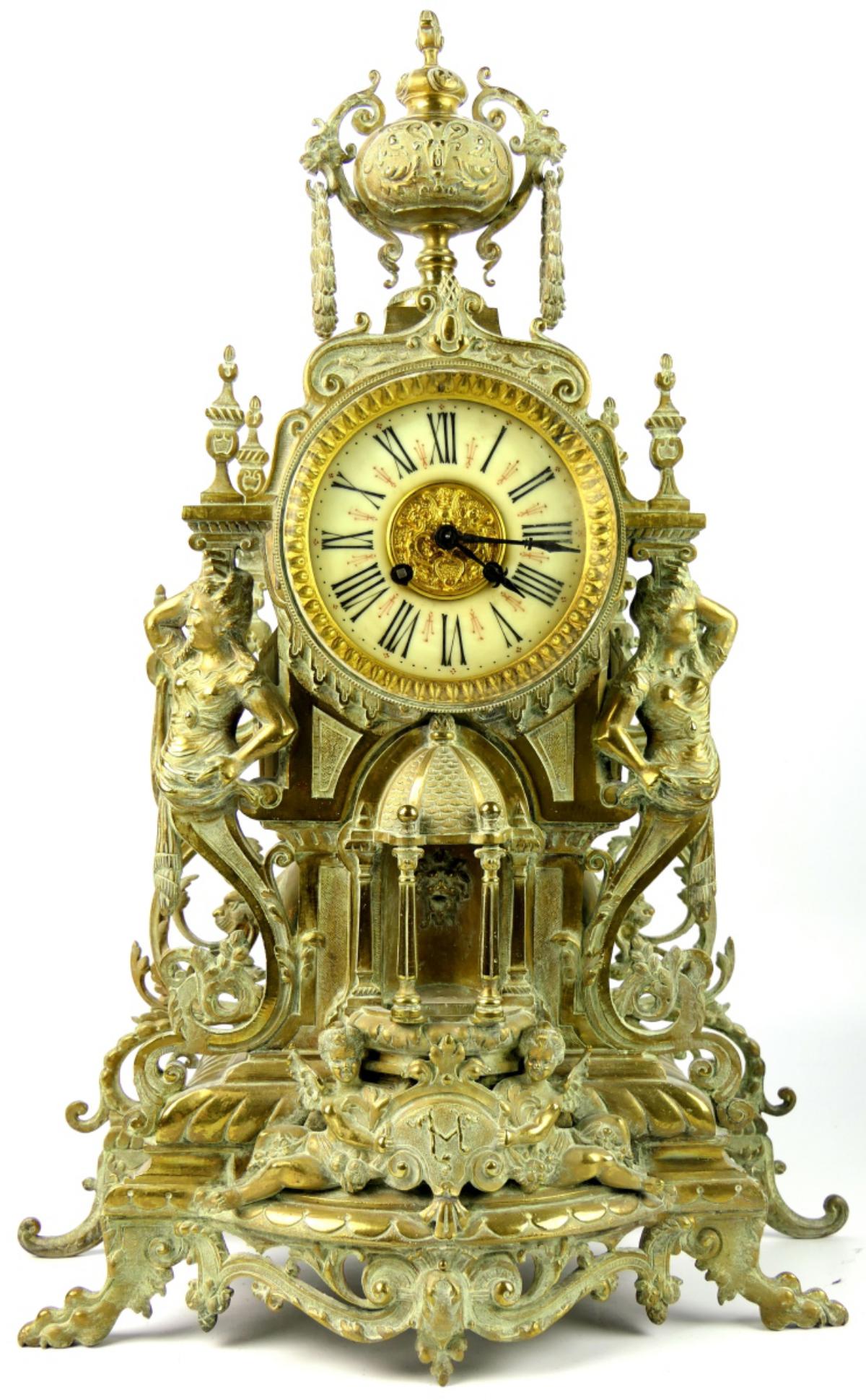 ANTIQUE FRENCH STYLE HEAVY BRASS MANTEL CLOCK (1 of 13)