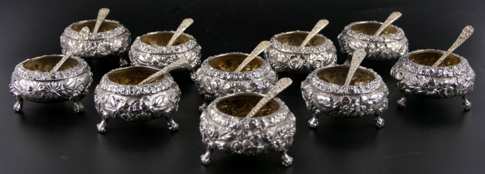 10 STIEFF REPOUSSE STERLING SALTS W/ SPOONS (1 of 7)