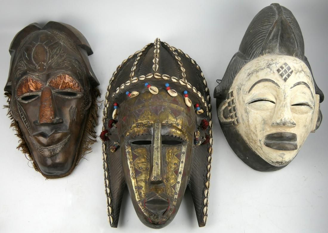 (3) LG AFRICAN CARVED WOOD WALL MASKS (1 of 5)