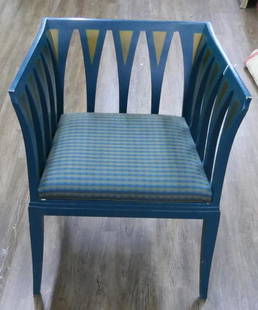 ELIEL SAARINEN DESIGN BLUE CHAIR LATE 20TH CENTURY: "Blue Chair" designed by Eliel Saarinen for Saarinen House Studio, Cranbrook, 1929. Signed with foil label to underside, number 232. Made in Finland 1983. Some surface wear. Measures approx 30" x 25.
