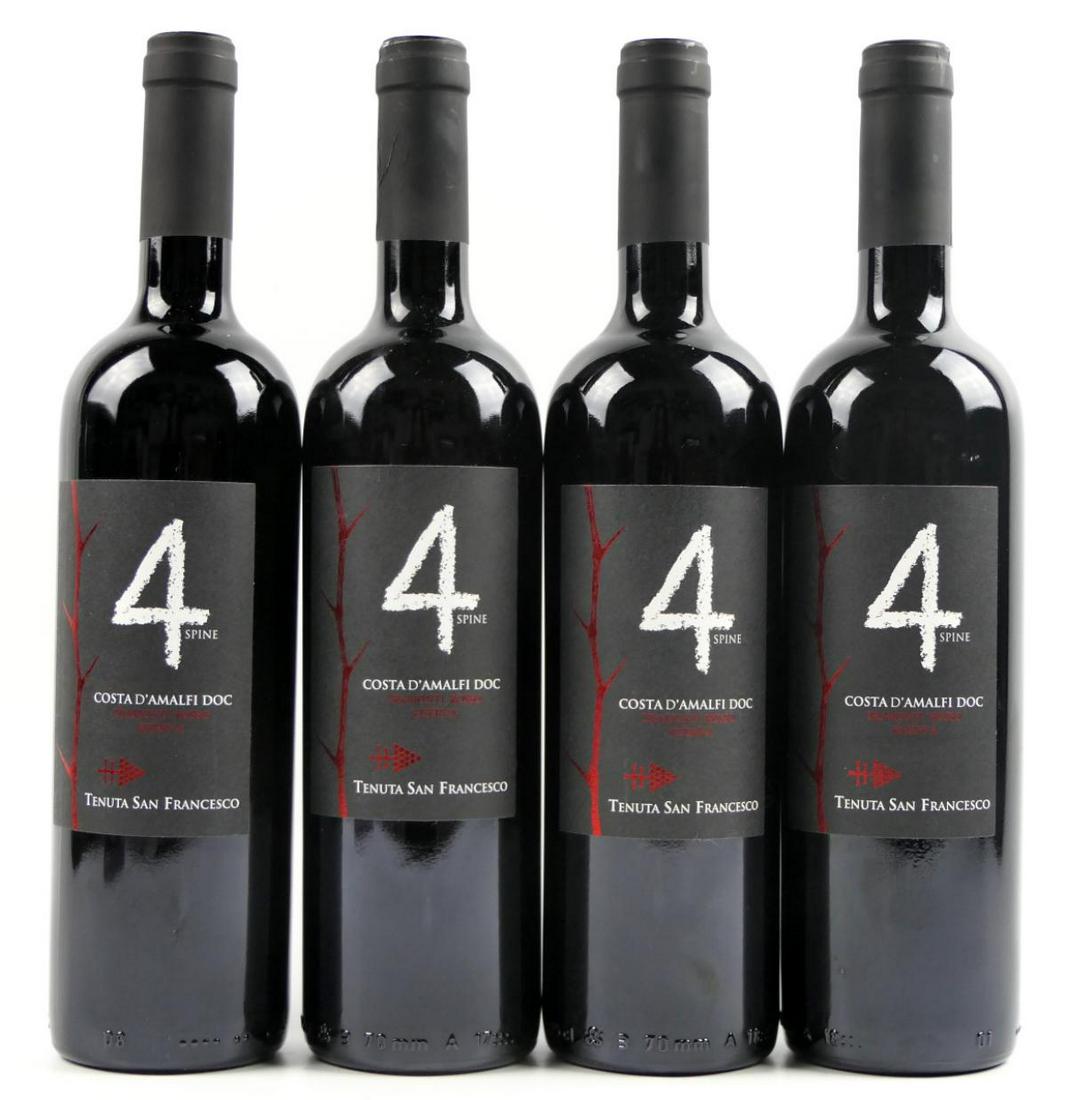 (4) 4 Spine' Rosso Costa d'Amalf 2016 750ML: PALM BEACH WINE COLLECTION, UN-OPENED AND SEALED INCLUDES 4 bottles of Tenuta San Francesco '4 Spine' Rosso Costa d'Amalf. The consignor purchased the wine being offered from retailers and was the ori