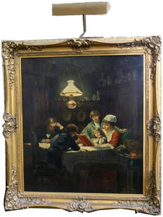 LOUIS LEGRAND (FRENCH, 1863-1951) OIL PAINTING "THE READING LESSON": LOUIS LEGRAND (FRENCH, 1863-1951) ANTIQUE OIL PAINTING ON CANVAS, DEPICTING A FAMILY TOGETHER READING. THIS HAS BEEN RE-LINED. IMAGE MEASURES 35" HEIGHT BY 31" WIDTH PLUS 3" FRAME ALL AROUND. SIGNED T