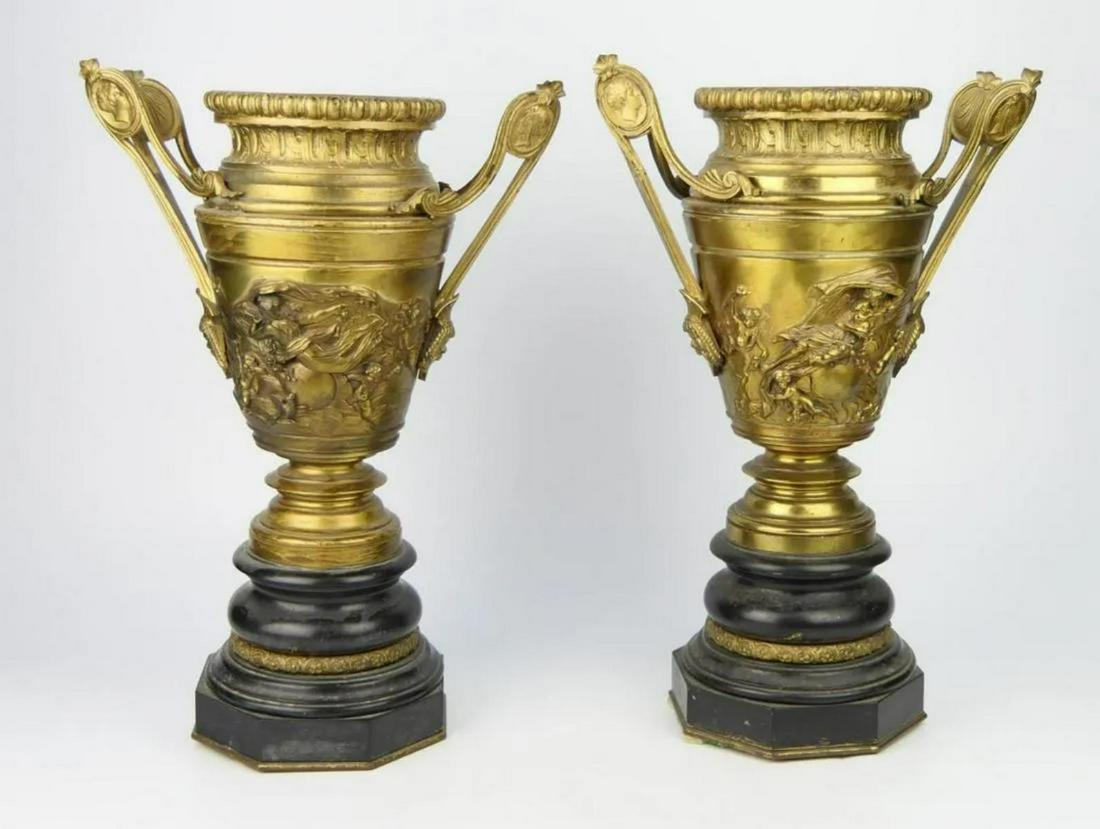 PAIR OF ANTIQUE FRENCH DORE BRONZE HANDLED URNS (1 of 3)