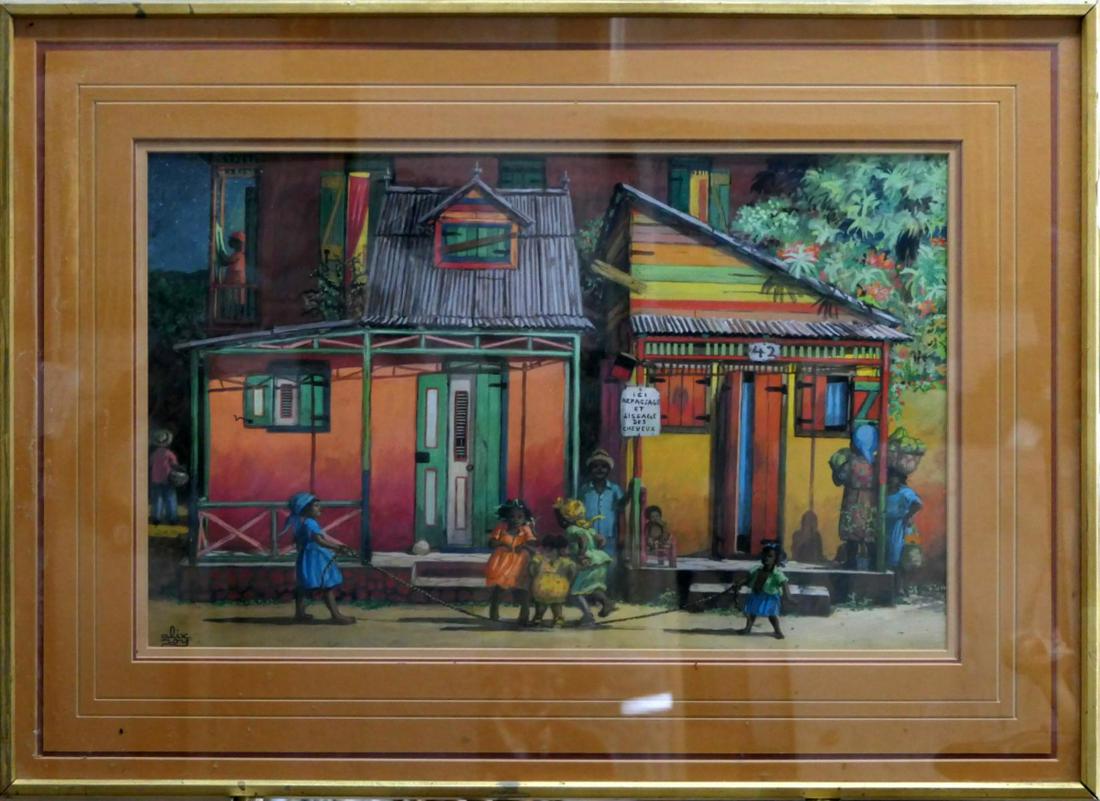 ALIX ROY (HATIAN, 1930-2010) GOUACHE ON PAPER: SIGNED ALIX ROY (HATIAN, 1930-2010) WATERCOLOR / GOUACHE ON PAPER , TOTAL MEASUREMENT 31" X 25". IN FRAME BEHIND GLASS.