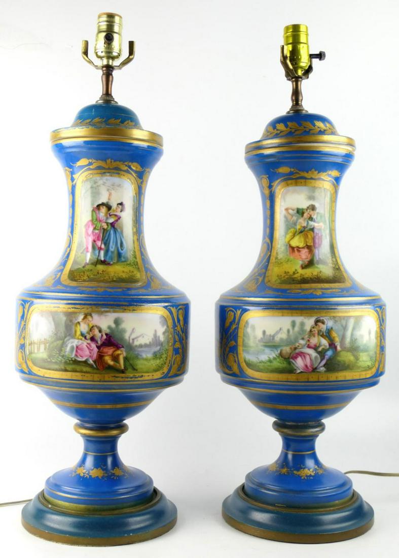 PAIR ANTIQUE SEVRES FRENCH PAINTED 25" LAMPS (1 of 12)