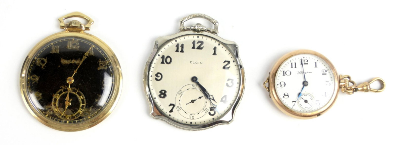 (3) ANTIQUE ELGIN, MOLLY STARK, & BULOVA WATCHES: (3) ANTIQUE ELGIN - 1 3/4", MOLLY STARK - 1 1/8", & BULOVA - 1 3/4" POCKET WATCHES. MOST ARE GOLD FILLED.