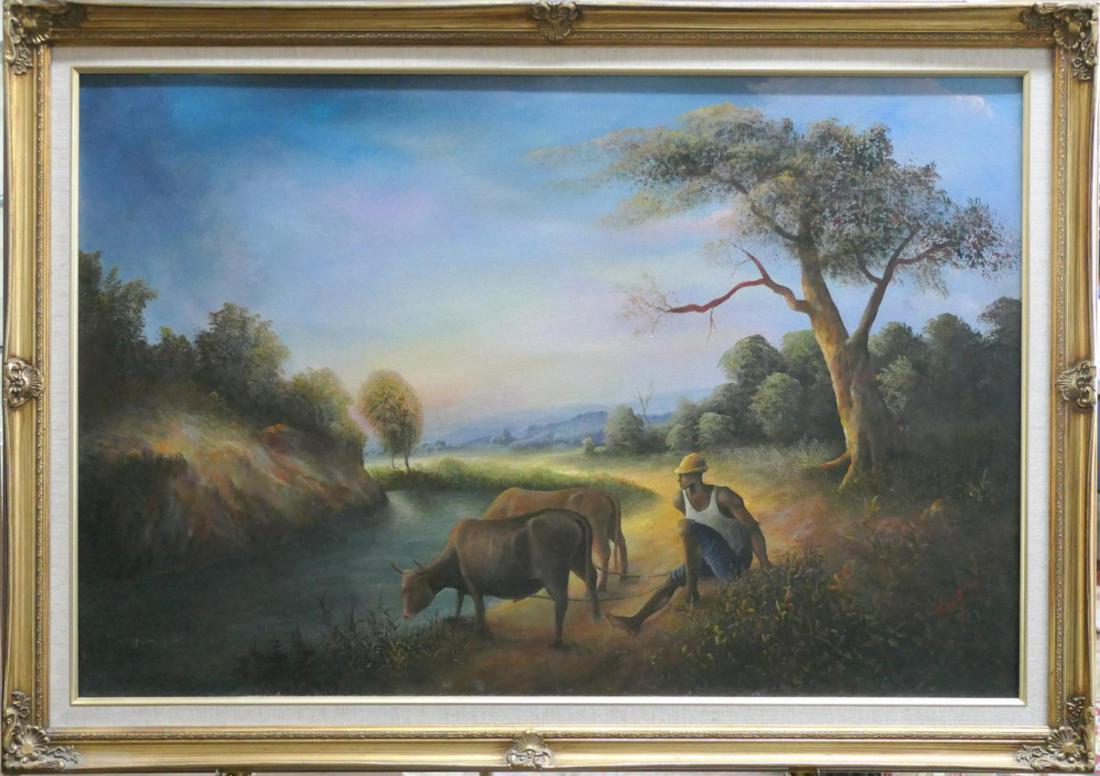 SIGNED HATIAN ART OIL PAINTING ON CANVAS 42"X29": SIGNED HATIAN ART OIL PAINTING ON CANVAS 42"X29"