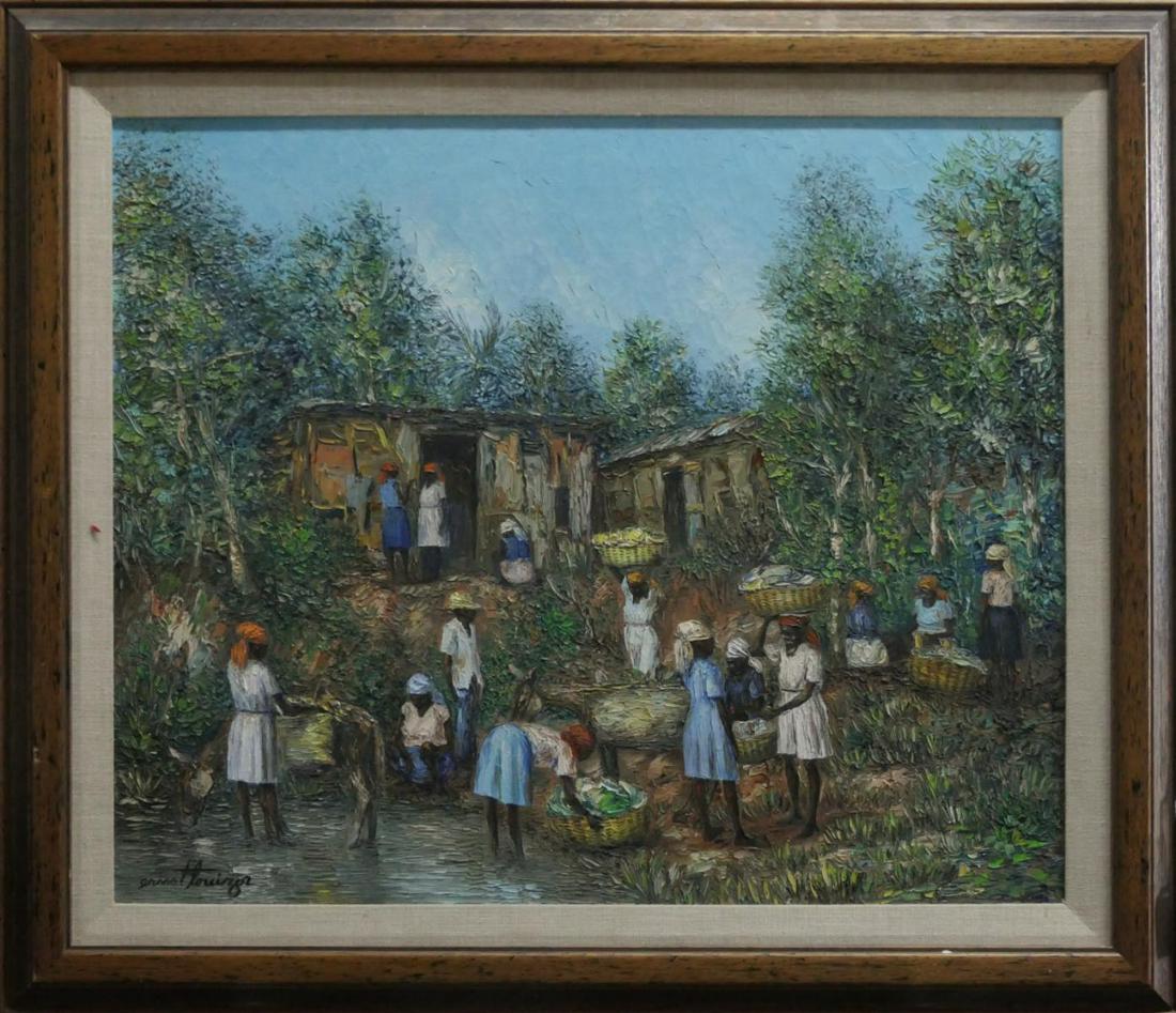 ERNEST LOUIZOR (HATIAN,1938-2011) OIL PAINTING: ERNEST LOUIZOR (HATIAN,1938-2011) OIL PAINTING ON CANVAS OF VILLAGE. MEASURES 30" X 25" TOTAL.