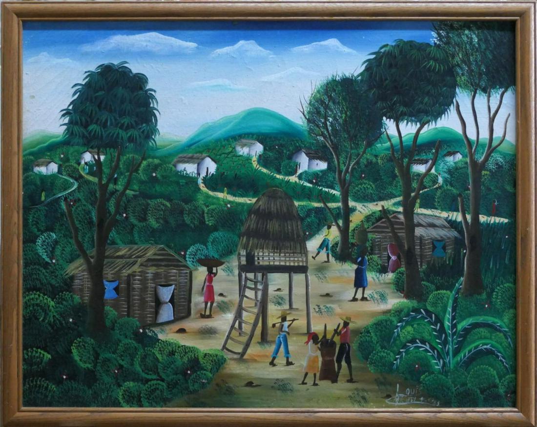SIGNED LOUIS MICHEL 1983 HATIAN OIL PAINTING: SIGNED LOUIS MICHEL 1983 HATIAN OIL PAINTING ON CANVAS OF A VILLAGE, MEASURES 22"X18".