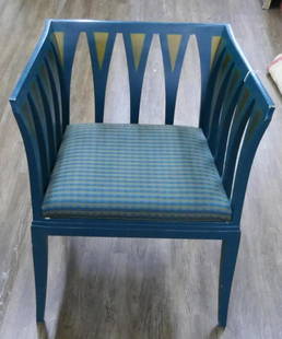 ELIEL SAARINEN DESIGN BLUE CHAIR: "Blue Chair" designed by Eliel Saarinen for Saarinen House Studio, Cranbrook, 1929. Signed with foil label to underside, number 232. Made in Finland 1983. Some surface wear. Measures approx 30" x 25.