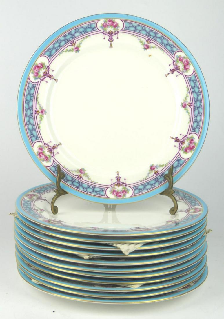 ANTIQUE ROYAL WORCESTER(12) PAINTED DISPALY PLATES: Set of 12 beautifully hand painted 19th century purple marked dinner plates. Each measures 10" in diameter, floral design border, all hand painted. Property of a Palm Beach estate, purchased many deca