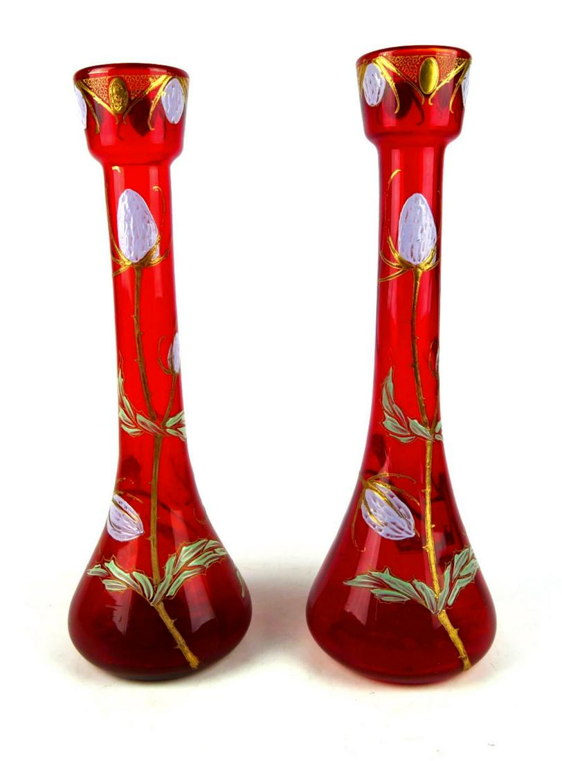 PAIR MONT JOY FRENCH STYLE GLASS 15" VASES: PAIR MONT JOY FRENCH STYLE GLASS 15" VASES