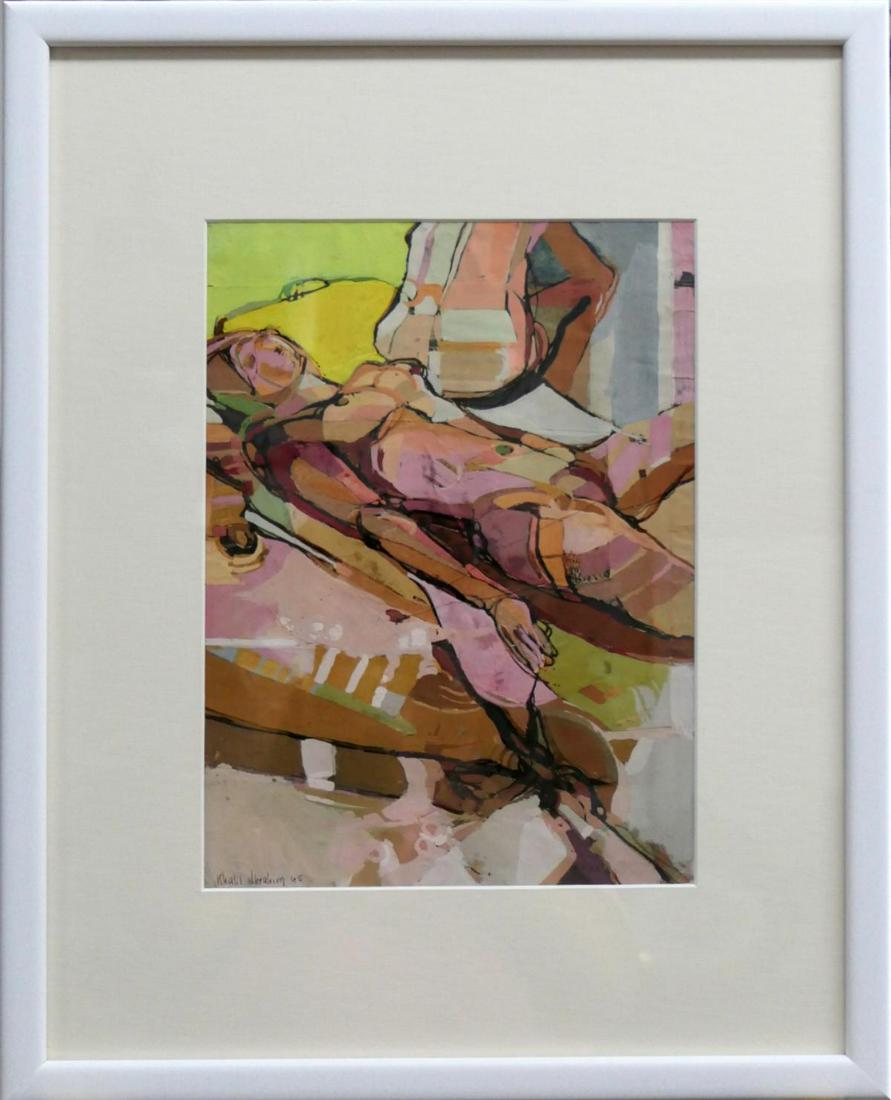 KHALIL IBRAHAM (MALAYSIAN 1934-2018) NUDE GOUCHE: Khalil Ibrahim (Malaysian, 1934â€“2018), of a woman nude woman laying down. Signed and dated 1965 Total measures approx 19" x 15" gouche