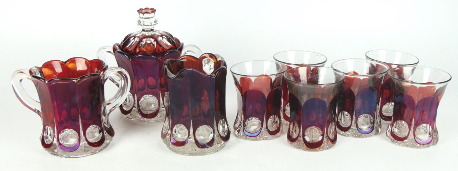 8pc RUBY CUT TO CLEAR GLASS TEA SERVICE SET (1 of 5)