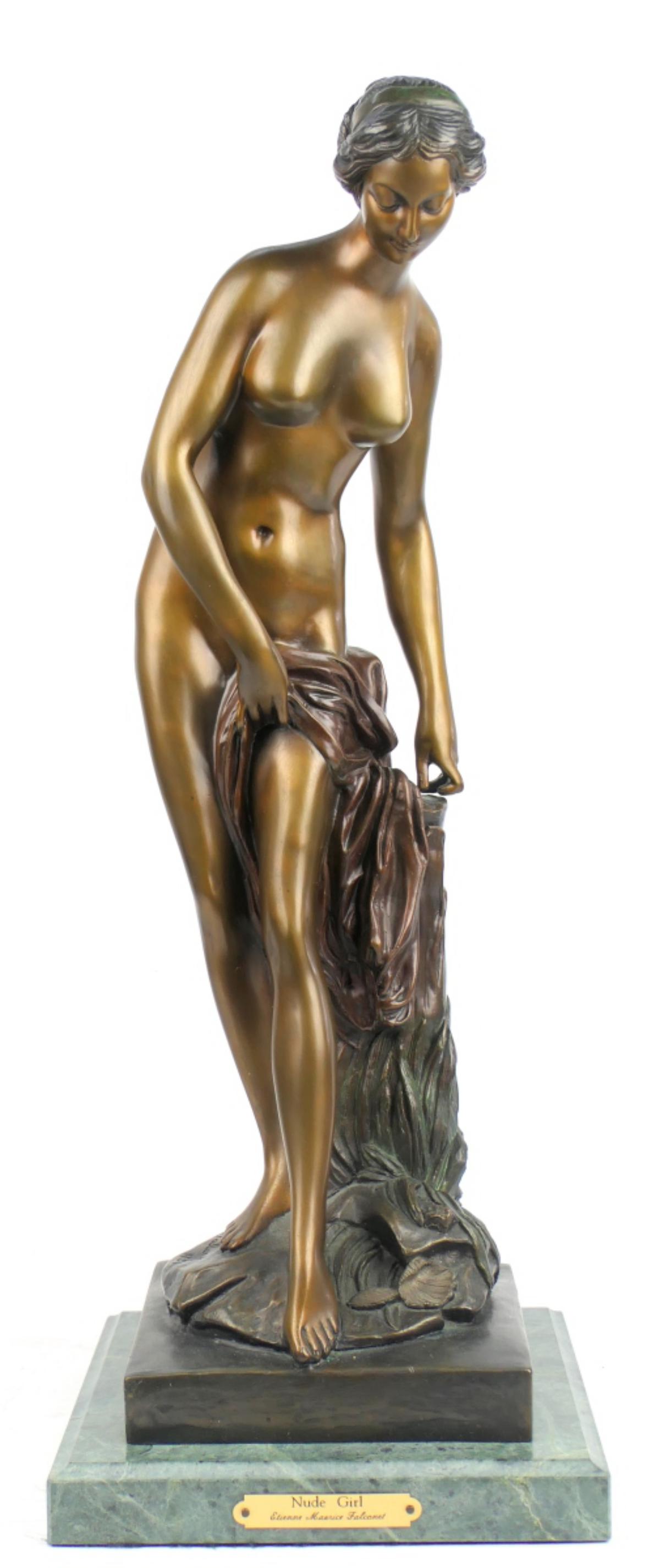 ETIENNE MAURICE FALCONET (French,1716-1791) BRONZE: ATTRIBUTED TO ETIENNE MAURICE FALCONET (French,1716-1791) TITLED "NUDE GIRL" BRONZE SCULPTURE, MEASURES 25" HEIGHT INCLUDING MARBLE BASE. SIGNED AND DATED TO BOTTOM.