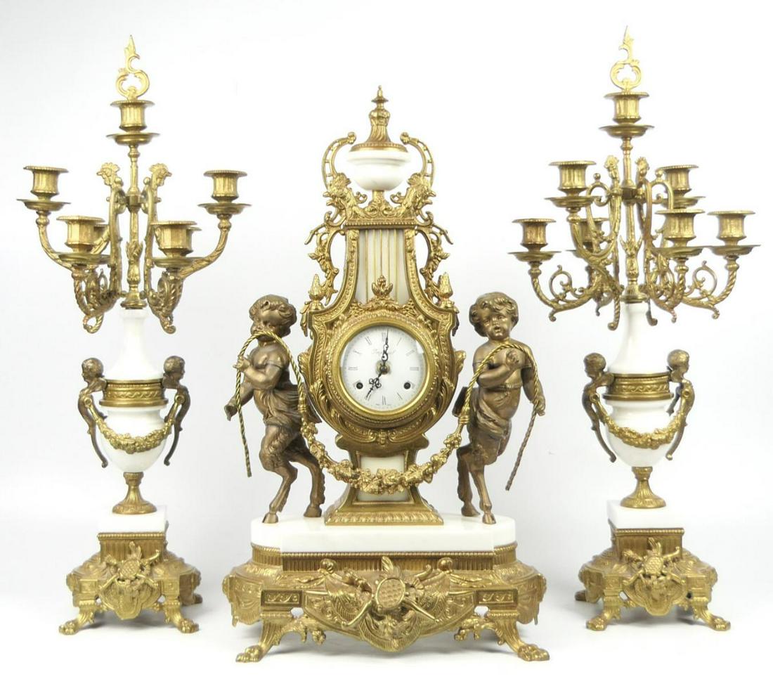 3 PC FRENCH BRASS & MARBLE GARNITURE SET (1 of 18)