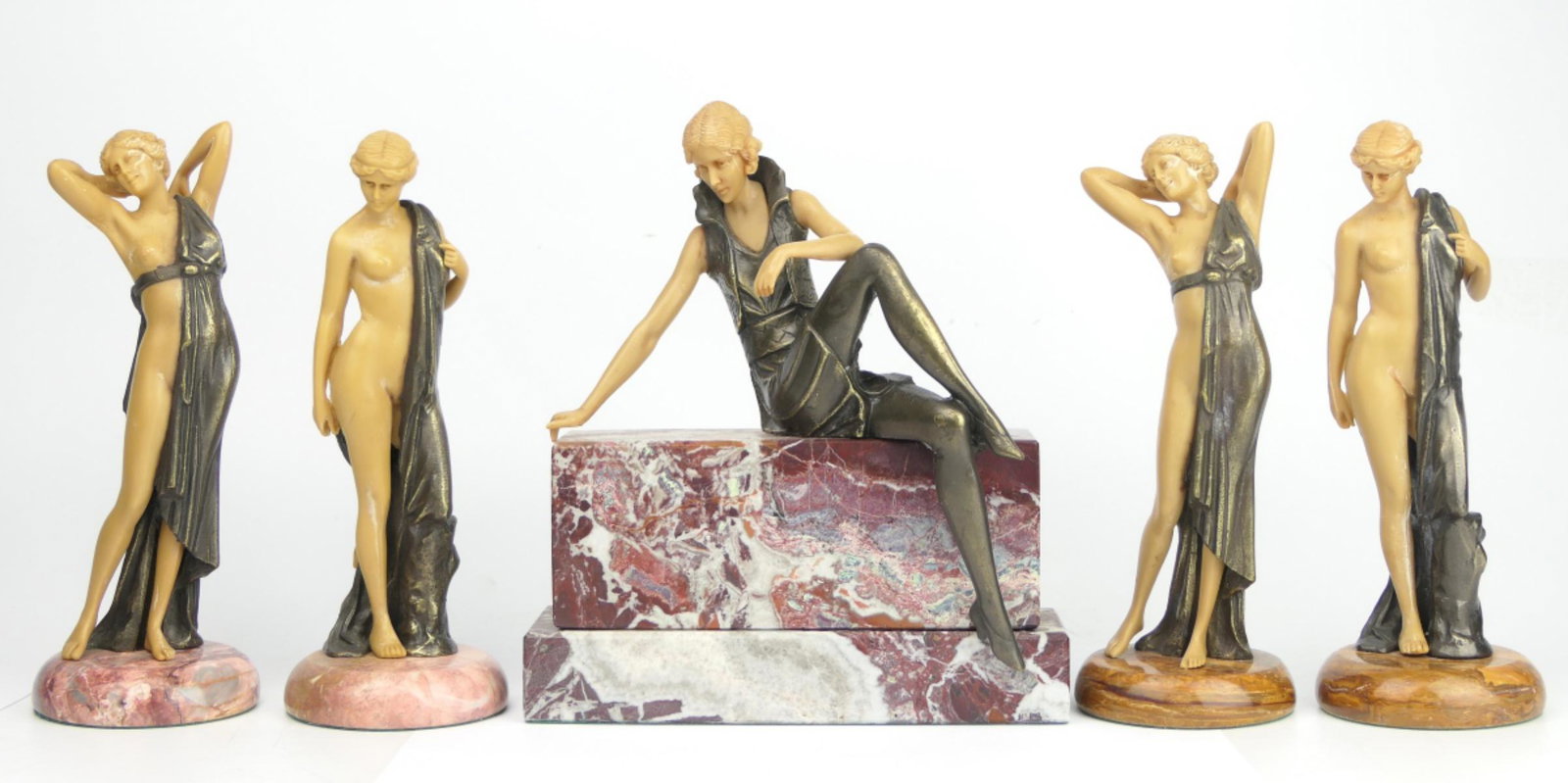 5 pc ART DECO BRONZE & IVORINE DANCING FIGURES (1 of 5)