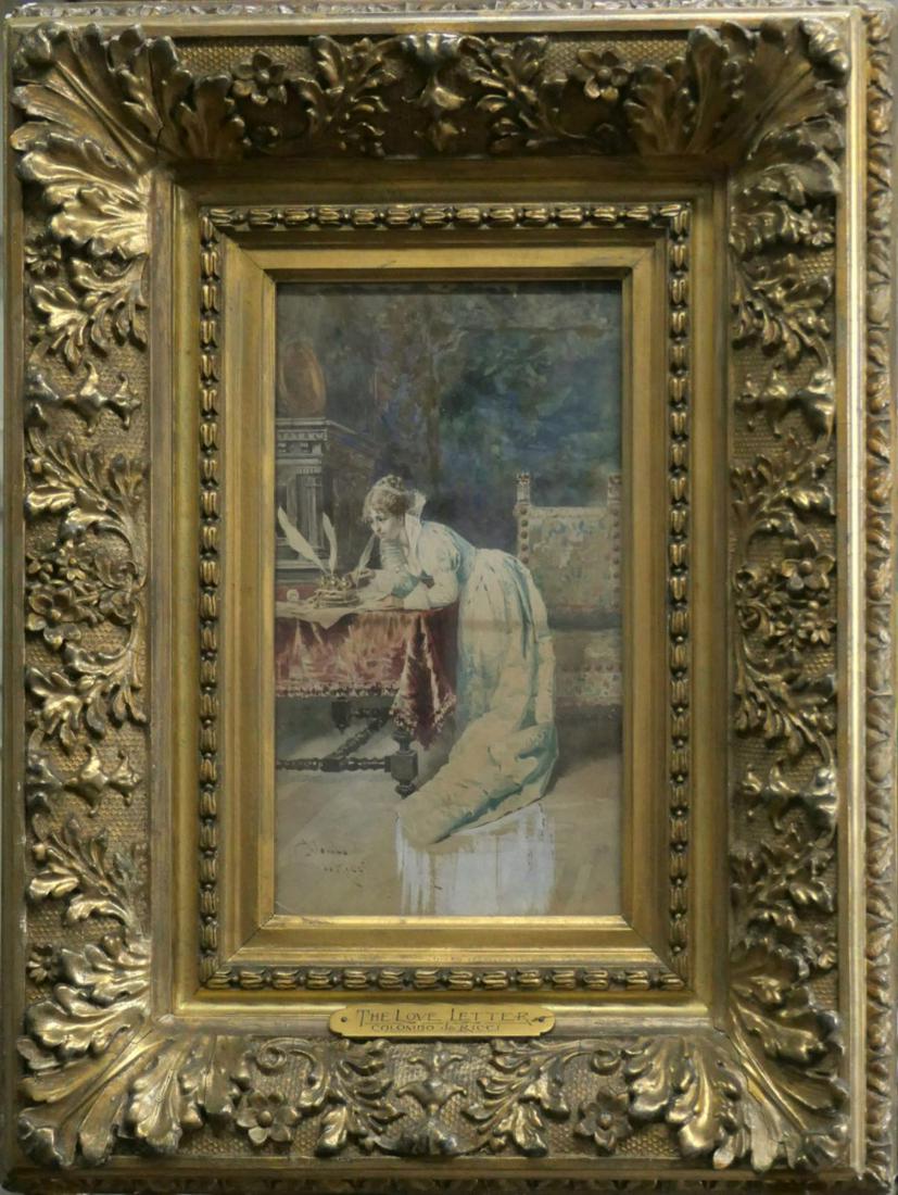 COLOMBO DA RICCI 19TH.C ITALIAN WATERCOLOR: Colombo da Ricci (19th Century Italian) Watercolor, THE LOVE LETTER, painting size is 11inches x 6-1/2inches sight