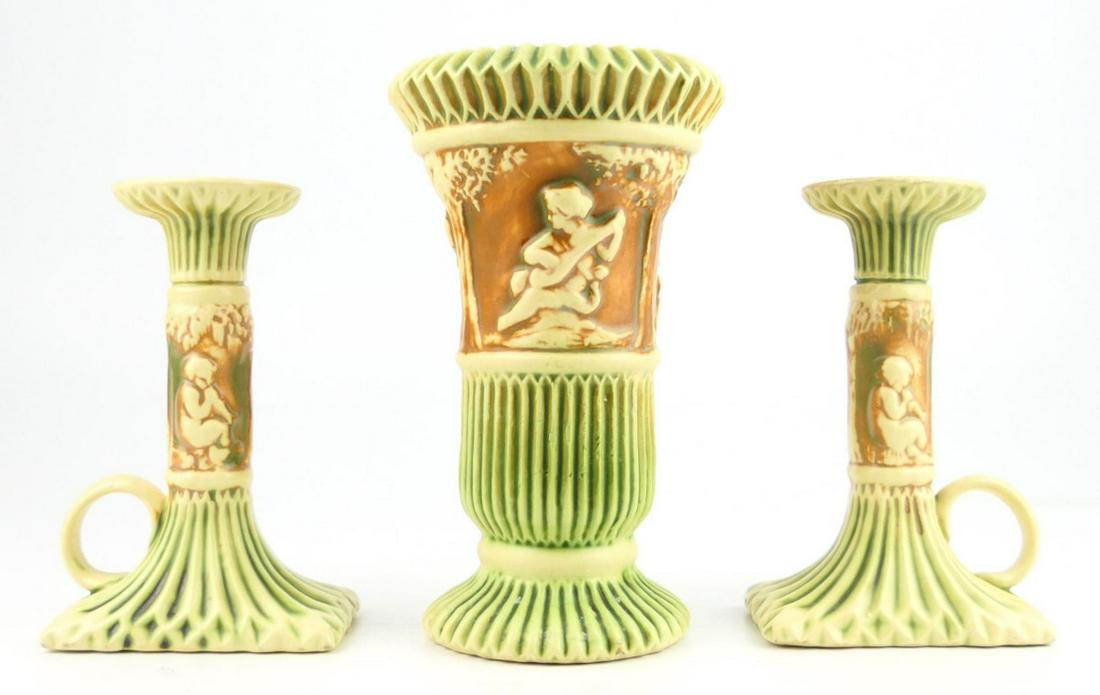 3 PC ROSEVILLE CERAMIC POTTERY VASE & CANDLESTICKS (1 of 5)